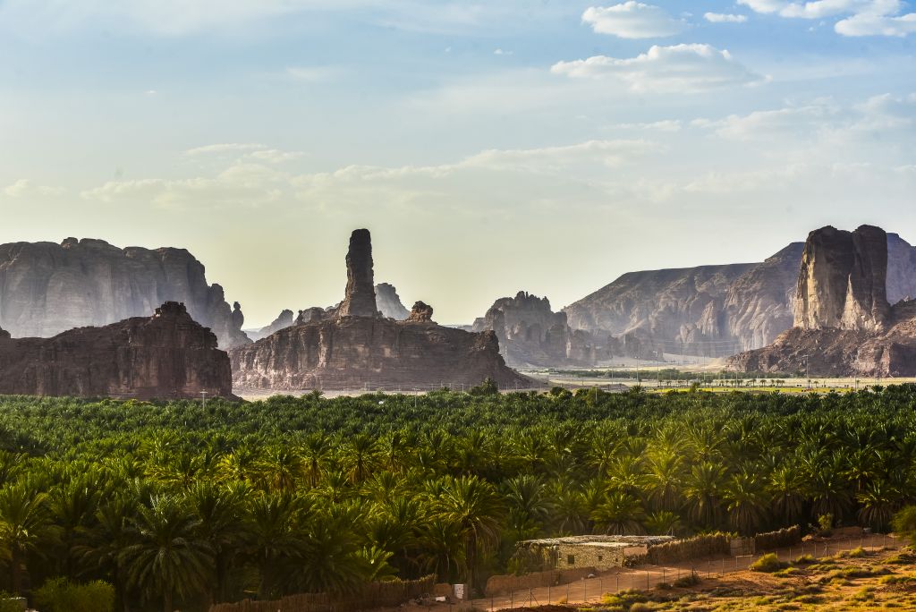 Die Oase AlUlas ist ein einzigartiges, 20 Kilometer langes Gartenparadies umgeben von majestätischen Felsformationen und Wüstensand. 